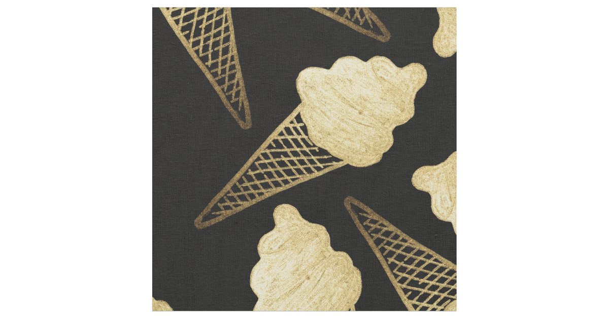 Faux Gold Leaf Ice Cream Cones on Black Fabric | Zazzle