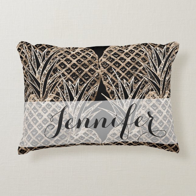 Faux Gold Leaf Pineapple Collage Monogram Accent Pillow (Front)