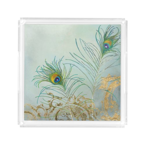 Faux Gold Leaf Vintage Scroll Peacock Feathers Art Acrylic Tray