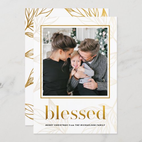 Faux Gold Leaves Blessed with Framed Photo Holiday Invitation