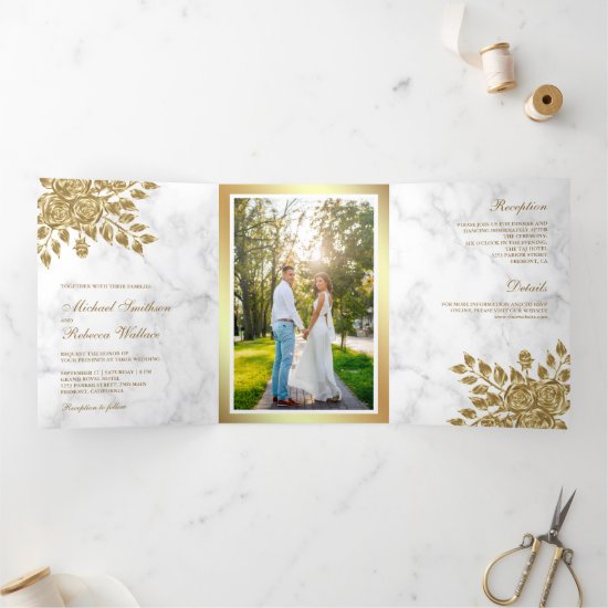 Faux Gold Leaves Floral White Marble Wedding Tri-Fold Invitation