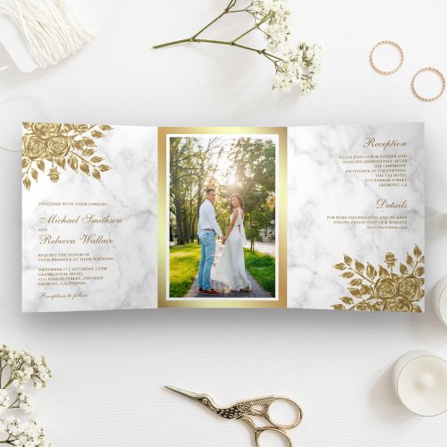 Faux Gold Leaves Floral White Marble Wedding Tri_Fold Invitation