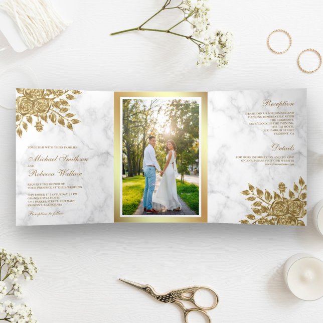 Faux Gold Leaves Floral White Marble Wedding Tri-Fold Invitation (Creator Uploaded)