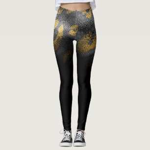 Faux Gold Leopard Cheetah Print Shiny Black Chic Leggings
