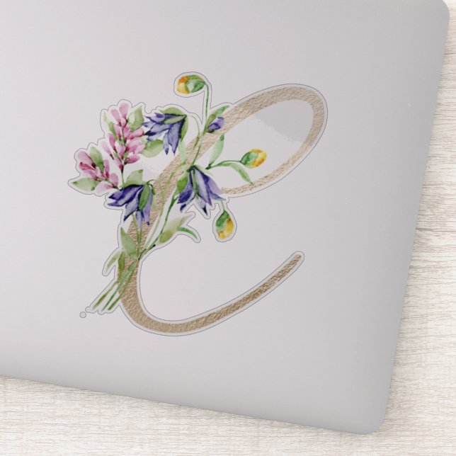 Faux Gold Letter “C” Watercolour Wild Flowers Sticker (Detail)