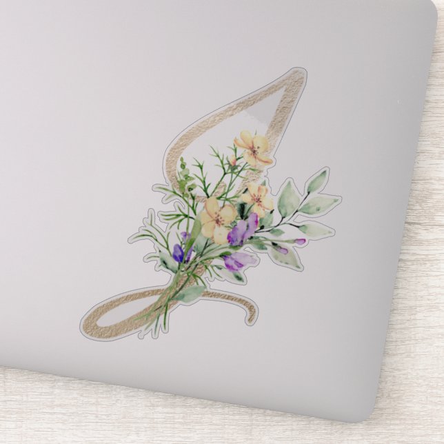 Faux Gold Letter “J” Watercolour Wild Flowers Sticker (Detail)
