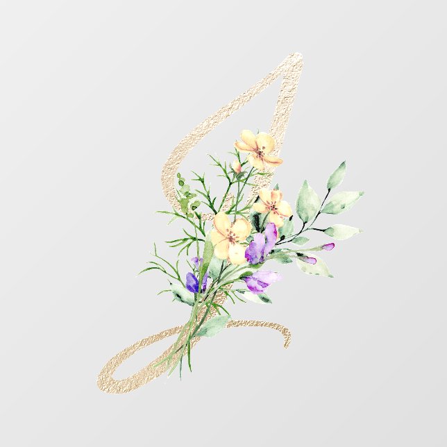 Faux Gold Letter "J" with Watercolour Wild Flowers Wall Decal (Front)