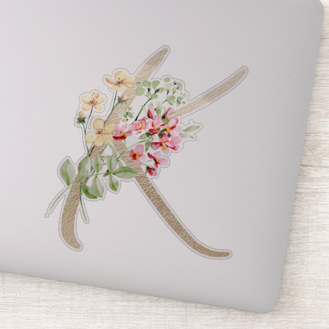 Faux Gold Letter “K” Watercolour Wild Flowers Sticker (Detail)