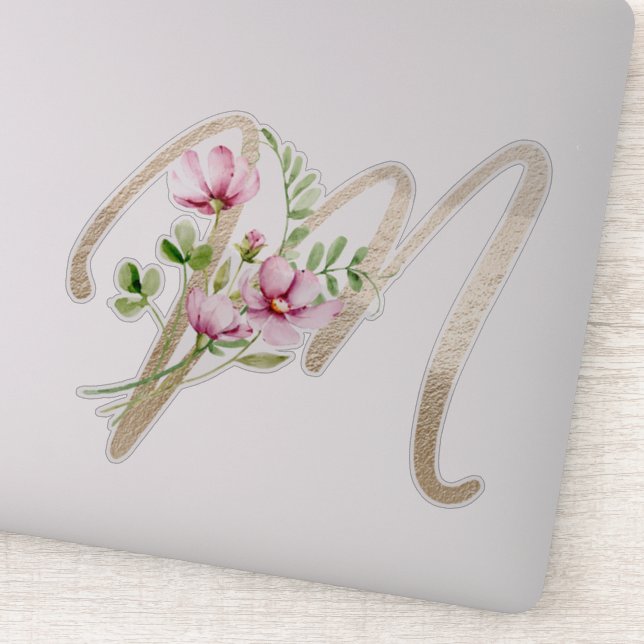 Faux Gold Letter “M” Watercolour Wild Flowers Sticker (Detail)