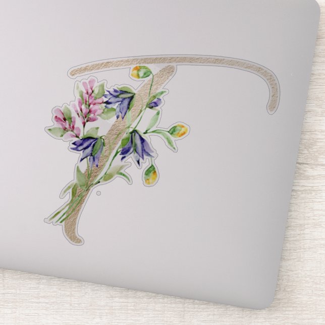 Faux Gold Letter “T” Watercolour Wild Flowers Sticker (Detail)