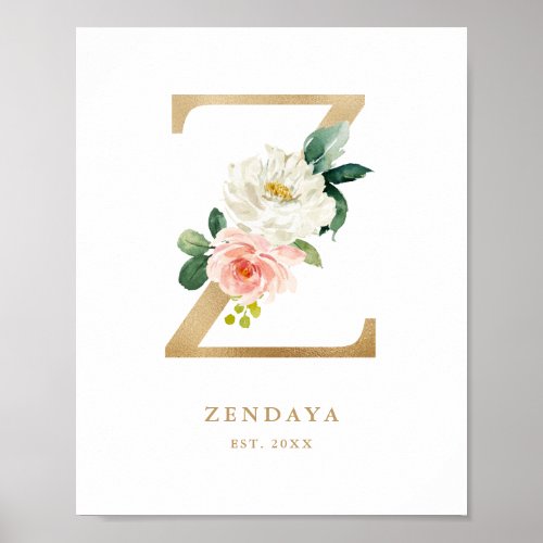 Faux Gold Letter Z Monogram Blush Florals Nursery Poster
