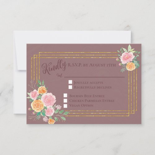 Faux Gold Lines Mauve Floral Wedding RSVP Invitation