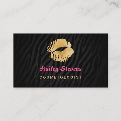 Faux Gold Lip Gloss Kiss Black Zebra Cosmetologist Business Card