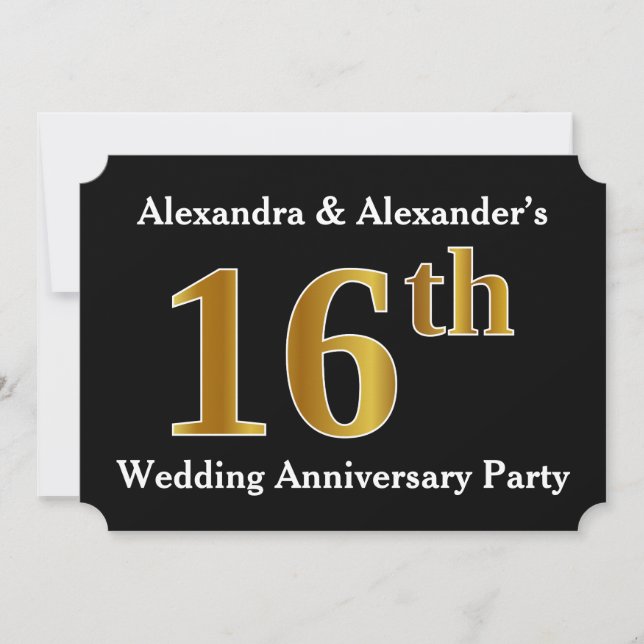 Faux Gold Look 16th Wedding Anniversary Party Invitation (Front)