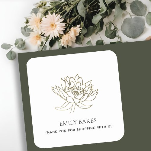 FAUX GOLD LOTUS FLORAL BUSINESS SHOPPING THANK YOU SQUARE STICKER