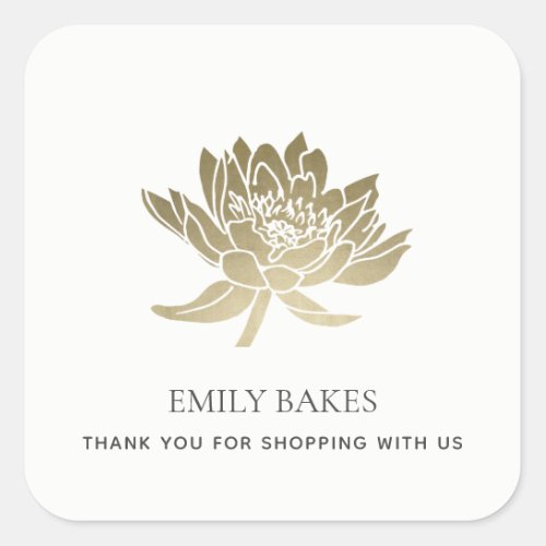 FAUX GOLD LOTUS FLORAL BUSINESS SHOPPING THANK YOU SQUARE STICKER