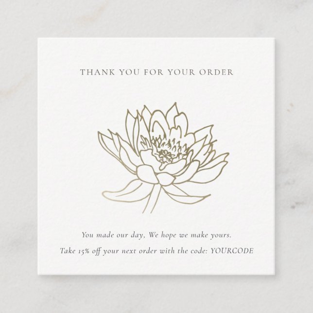 FAUX GOLD LOTUS FLORAL LOGO SHOPPING THANK YOU SQUARE BUSINESS CARD (Front)