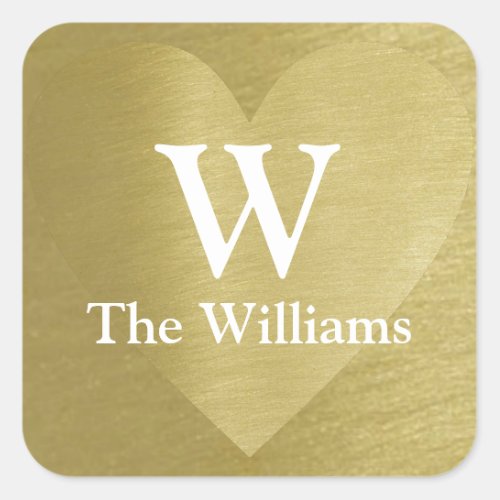 faux gold love heart with couple initial  name square sticker