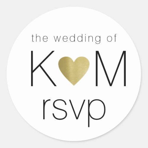 faux gold love heart with couple initials rsvp classic round sticker