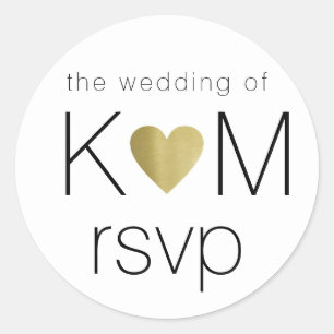 faux gold love heart with couple initials rsvp classic round sticker