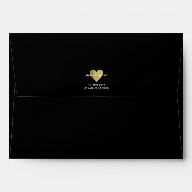 faux gold love heart with couple names black envelope (Back (Top Flap))