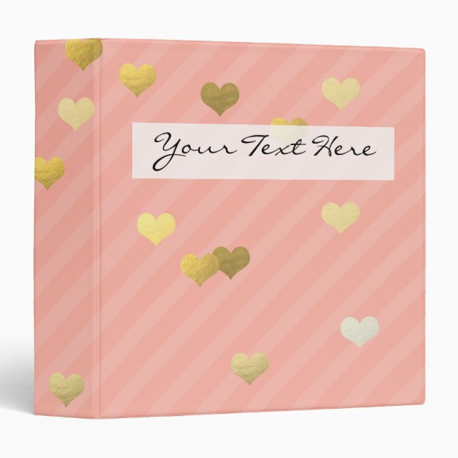 faux gold love hearts pattern, pastel pink stripes binder (Front/Spine)