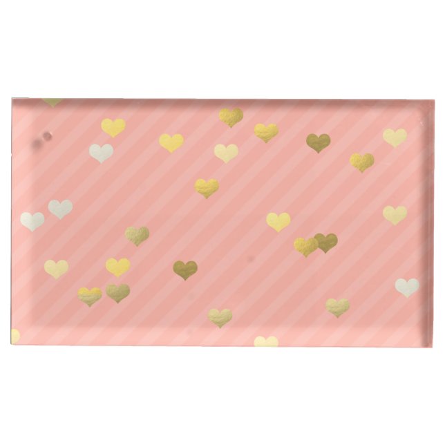faux gold love hearts pattern, pastel pink stripes table card holder (Front)