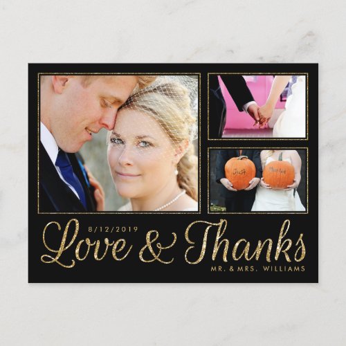 Faux Gold Love Thanks Wedding 3 Photo Postcard
