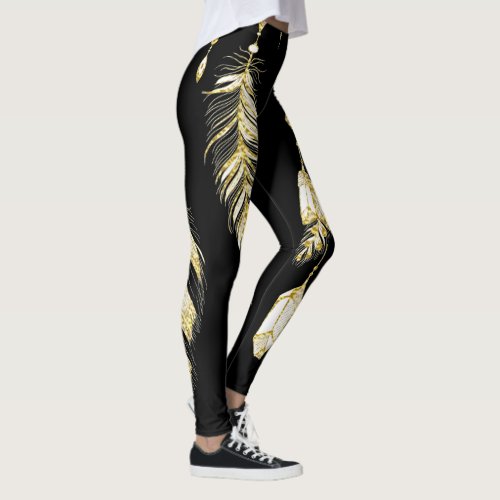 *~* Faux Gold Luxe Feathers &amp; Crystals Chic Trendy Leggings