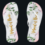 Faux Gold Maid of Honor with Floral and Name Flip Flops<br><div class="desc">Lovely pink and purple watercolor floral and greenery wedding design,  with faux gold maid of honor typography script and name.</div>