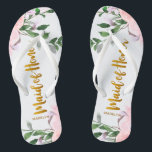Faux Gold Maid of Honor with Floral and Name Flip Flops<br><div class="desc">Lovely pink and purple watercolor floral and greenery wedding design,  with faux gold maid of honor typography script and name.</div>
