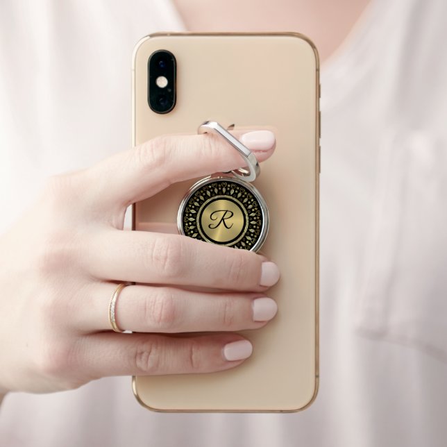 Faux gold mandala monogram phone ring stand (In Situ)