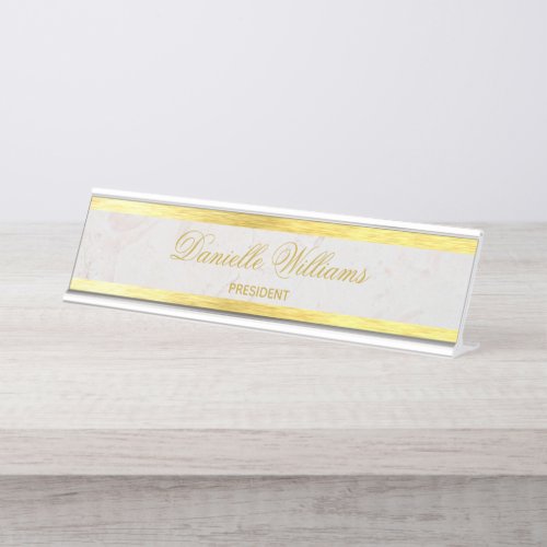 Faux Gold Marble Elegant Calligraphy Golden White Desk Name Plate