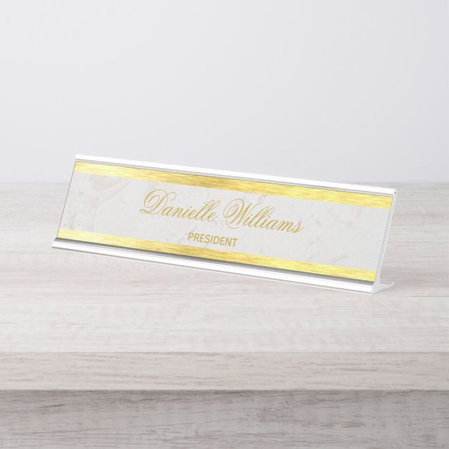 Faux Gold Marble Elegant Calligraphy Golden White Desk Name Plate (Front)