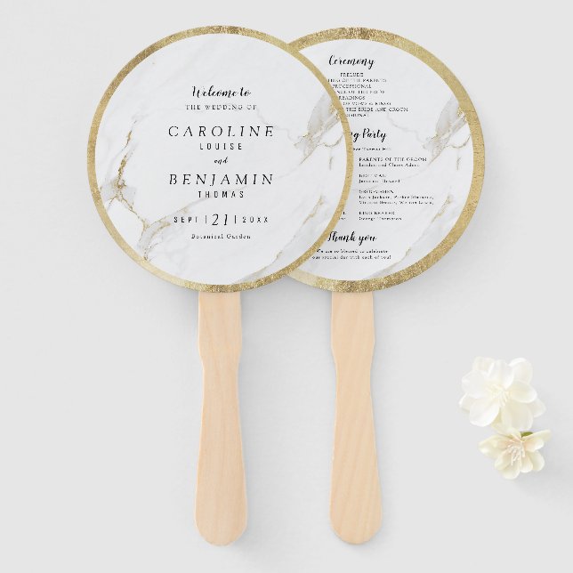 Faux gold marble luxury modern wedding program hand fan (Front and Back)