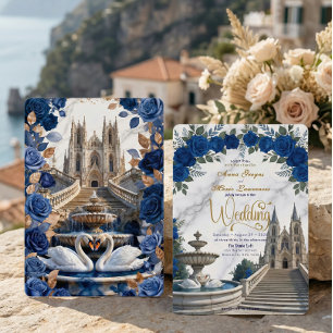 Faux Gold Marble & Royal Blue Rose Cathedral Invitation