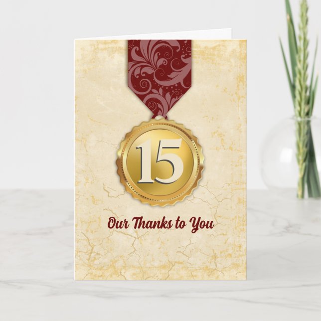 Faux gold medal universal employee anniversary card (Front)
