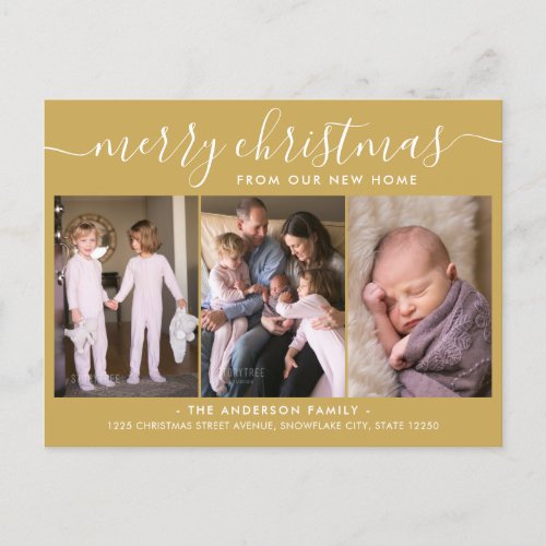 Faux Gold Merry Christmas 3 Photo Holiday Moving Announcement Postcard