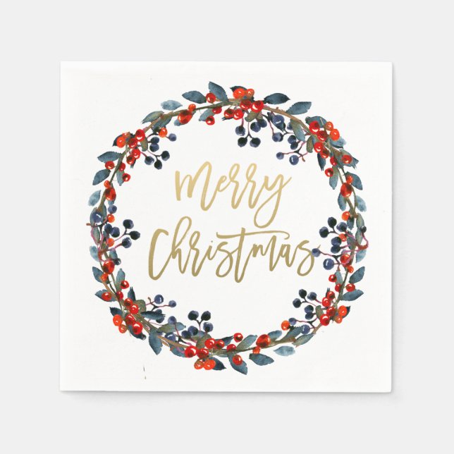 Faux Gold Merry Christmas Berries Holiday Party Paper Napkins (Front)