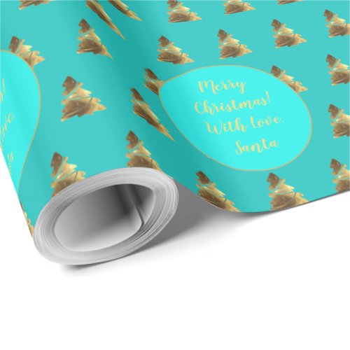 Faux Gold Merry Christmas Tree Pattern Turquoise Wrapping Paper