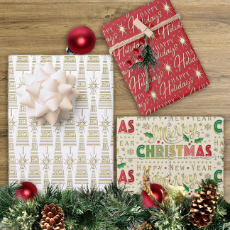 Faux Gold Metalic Typography Christmas Sampler Wrapping Paper Sheets