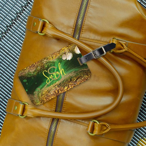 Faux Gold Metallic Foil Abstract Green Trendy Chic Luggage Tag
