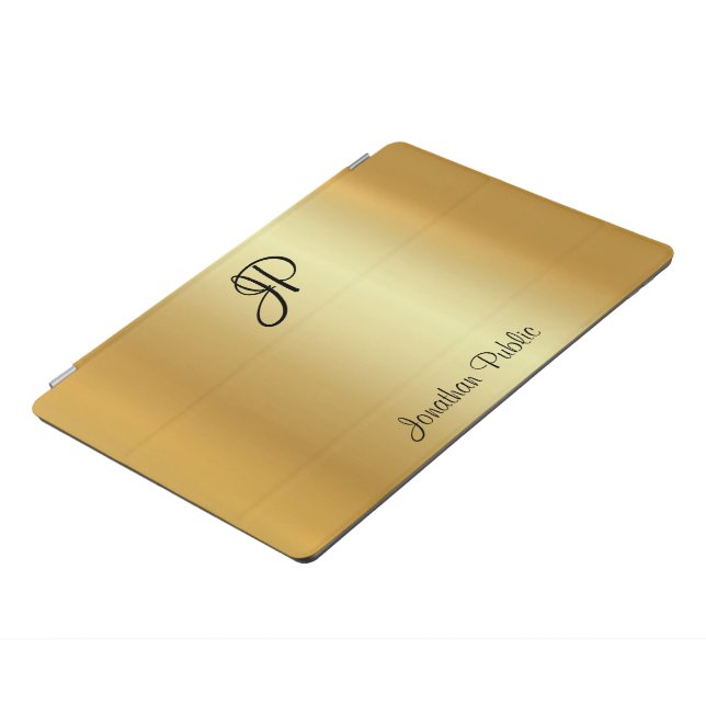 Faux Gold Metallic Look Calligraphy Monogrammed iPad Pro Cover (Side)