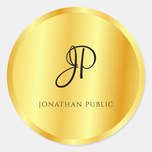Faux Gold Metallic Look Monogrammed Template Classic Round Sticker