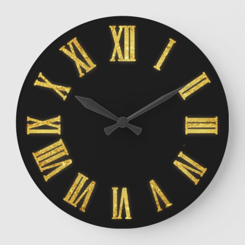 Faux Gold Metallic Minimal Roman Numbers Black Large Clock