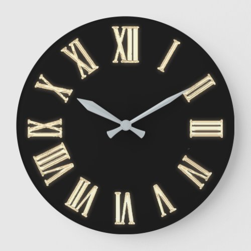 Faux Gold Metallic Minimal Roman Numbers Black Large Clock