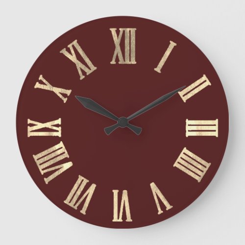 Faux Gold Metallic Minimal Roman Numbers Burgundy Large Clock