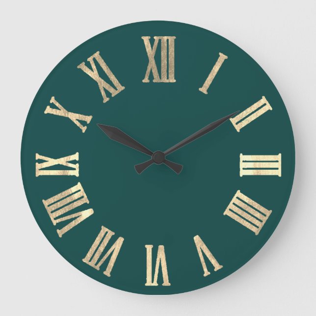 Faux Gold Metallic Minimal Roman Numbers Teal Large Clock (Front)