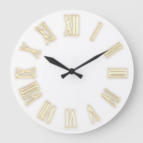 Faux Gold Metallic Minimal Roman Numbers White Large Clock