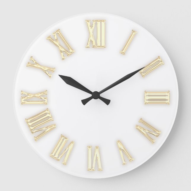 Faux Gold Metallic Minimal Roman Numbers White Large Clock (Front)